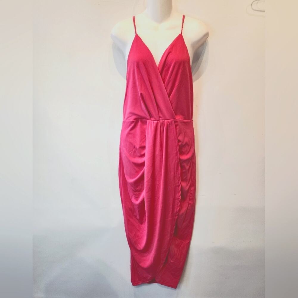 New Hot Pink Low Cut Dress Party Barbie Style Faux Wrap Racer Back Size L
